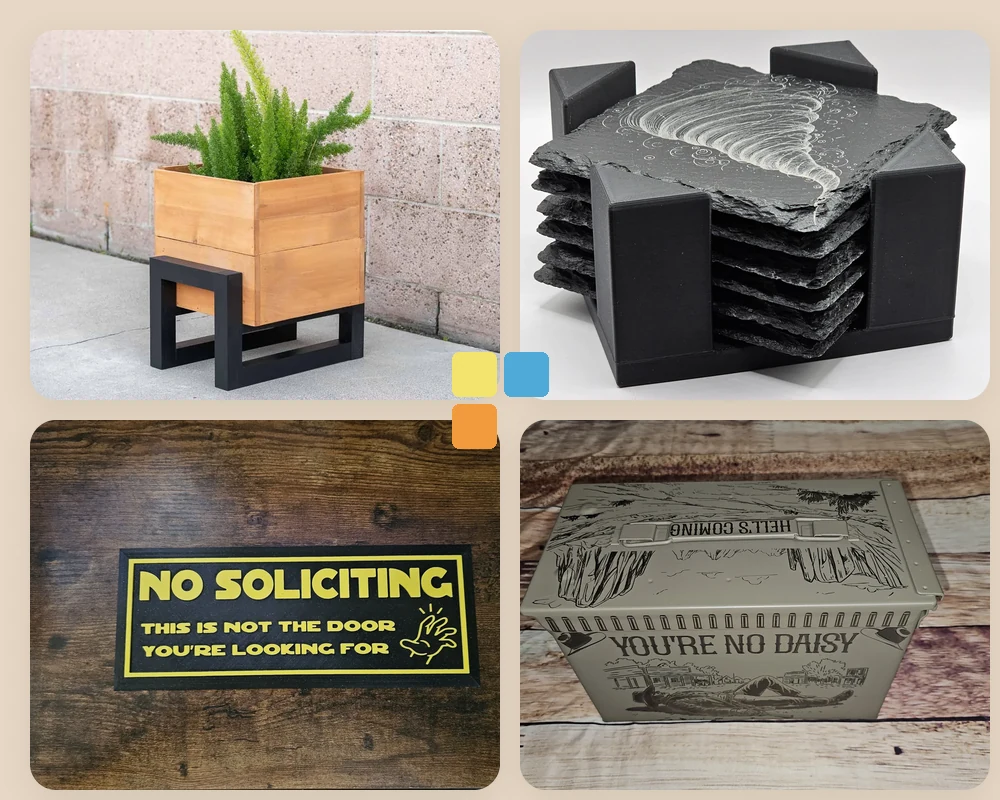 A handcrafted cedar planter, engraved slate coasters, a 3D printed No Soliciting sign and a laser engraved ammo can