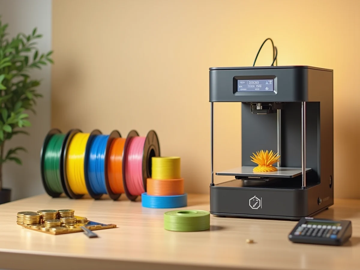 A 3D printer printing a small orange model beside colorful filament spools, gold coins and a calculator