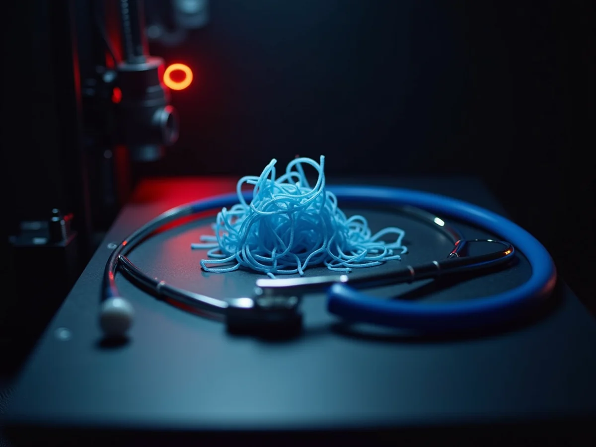 A tangled failed 3D print on a printer bed with a stethoscope laid around it under a red glow