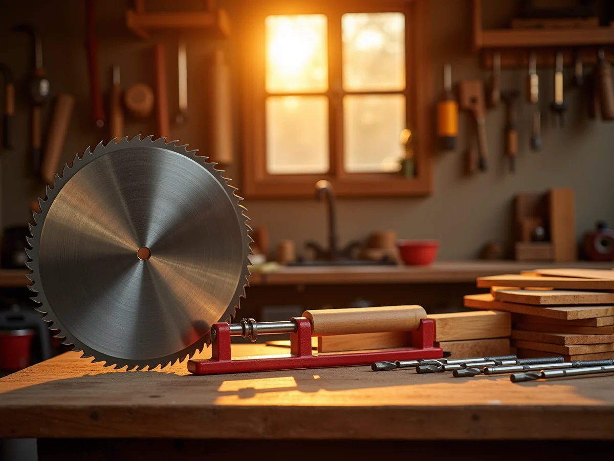 A circular saw blade, red bar clamp, drill bits and boards on a woodworking bench in warm window light